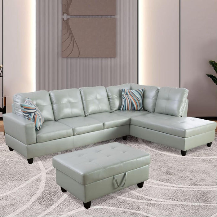 L-Shaped 3-Piece Semi PU Synthetic Leather Sofa with Storage Ottoman Set, Sectional Couch Sofa Set for Living Room, Office, Small Space, Silver Green