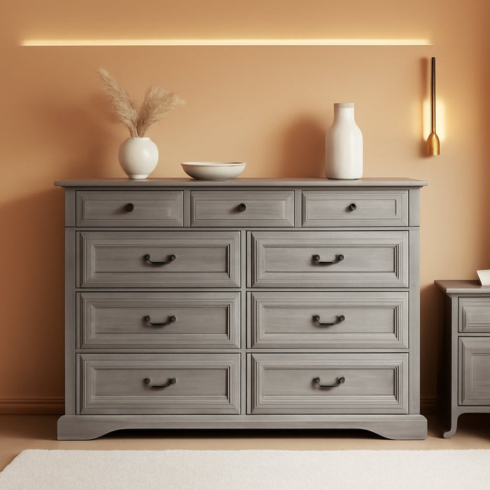 Farmhouse 9-Drawer Dresser - Grey Chest of Drawers for Bedroom and Living Room Organization, Wood Dresser with Ample Storage Space and Rustic Charm, Grey