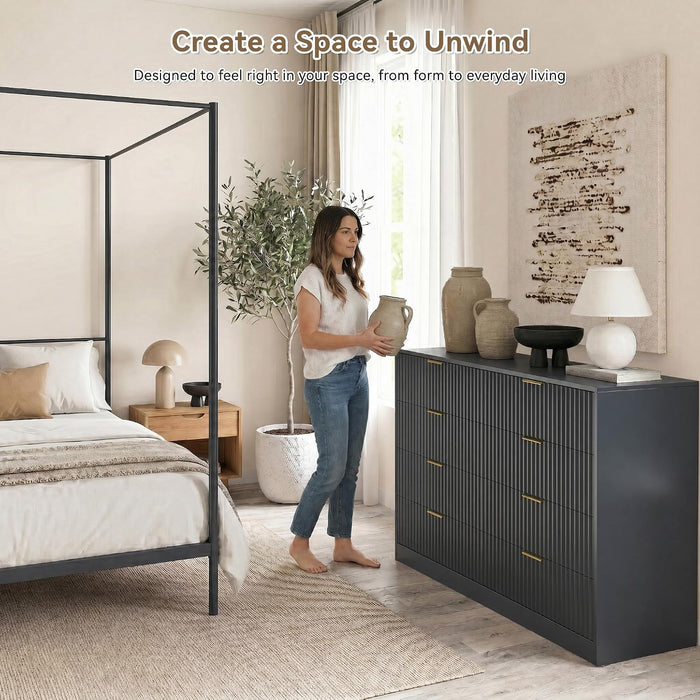 Navy Blue 8 Drawer Dresser for Bedroom, 55" Wide Fluted Chest of Drawers with Gold Metal Handles, Modern Wooden Dresser, Closet Storage Organizer Mid Century TV Stand for Living Room Hallway