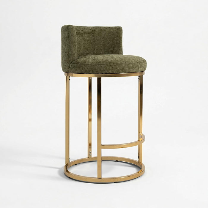Counter Height Bar Stools Set of 2, Chenille Upholstered Barstools with Back, Modern Barrel Counter Stools for Kitchen Island with Gold Metal Frame, Green