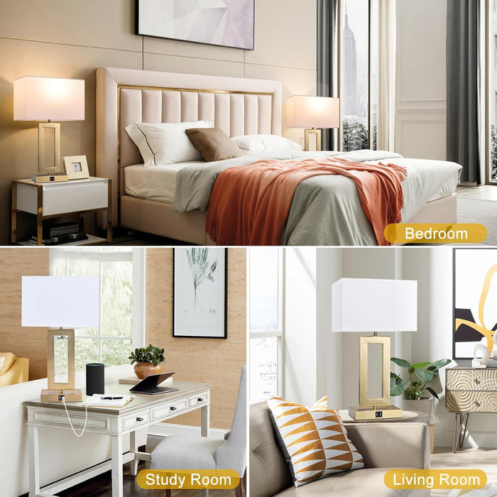 22’’ Set of 2 Touch Control Table Lamps W. 2 USB Ports, 3-Way Dimmable Bedroom Bedside Nightstand Touch Lamps, Modern Gold&White Lamps for Living Room End Table, LED Bulbs Included