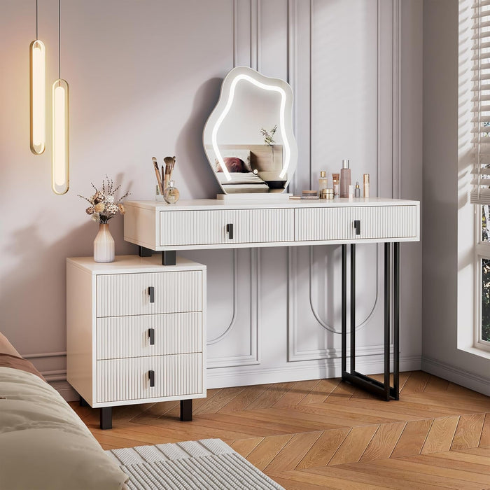 Vanity Desk with Mirror and Lights| Small Makeup Vanity Set with Adjustable Cabinet & 5 Drawers Storage| Modern Dressing Table for Small Spaces & Bedroom(White and Black)