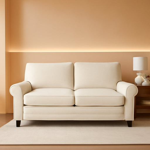 Copenhgen 73" Rolled rm Sof, Esy Cre Polyester, Soft Pillow Bck, Pocket Coil Set Cushions, Removble Covers, Loveset or Couch for Smll Spces, Living Rooms or Bedrooms, Buttercrem