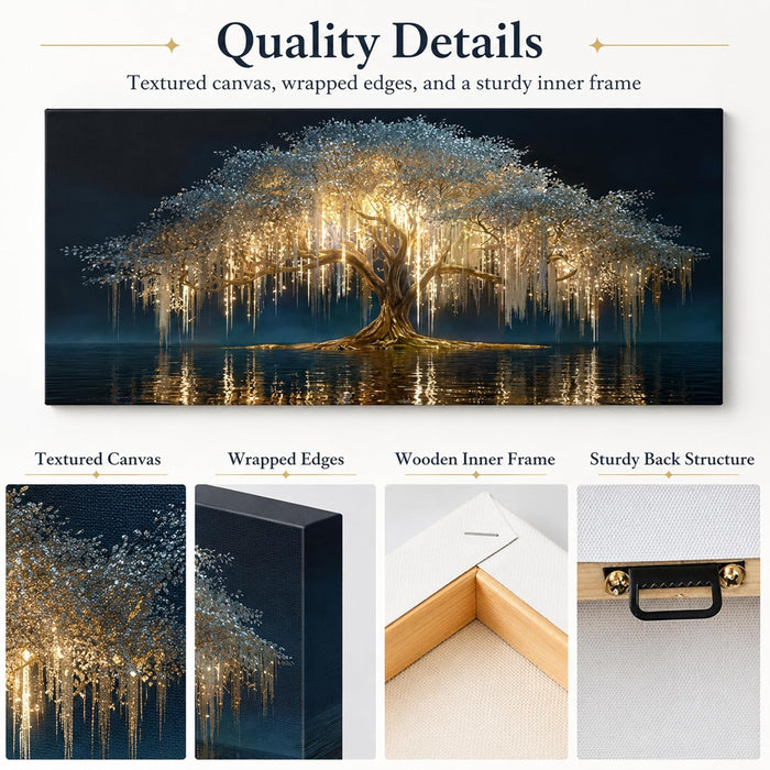 Large Tree of Life Canvas Wall Art Abstract Black and Gold Tree of Life Picture Wall Decor Nordic Gold White Flowers Poster Print Artwork for Living Room Bedroom Office Hallway Home Decoration