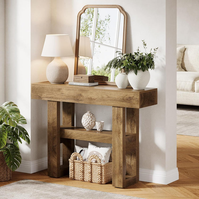 41.34-Inch Farmhouse Console Table, 2-Tier Narrow Sofa Table behind the Couch, Entryway Furniture with Storage Shelves for Hallway Foyer Living Room, Light Brown