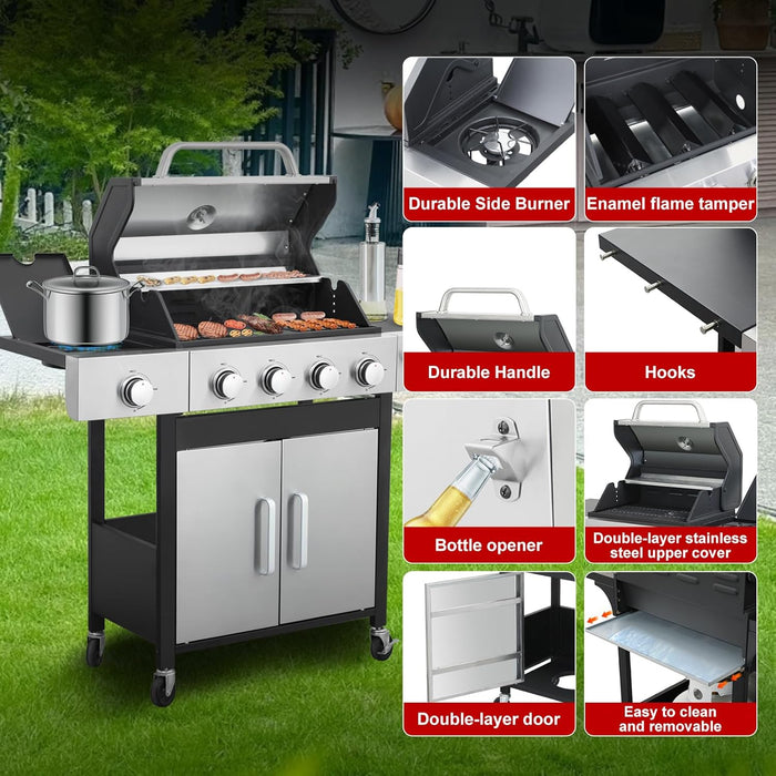 4-Burner Propane Gas Grill with Side Burner, 46,000 BTU Outdoor BBQ Grill with Porcelain-Enameled Cast Iron Grates and Griddle Pan, Built-In Thermometer Stainless Steel Grill for Outdoor Cooking