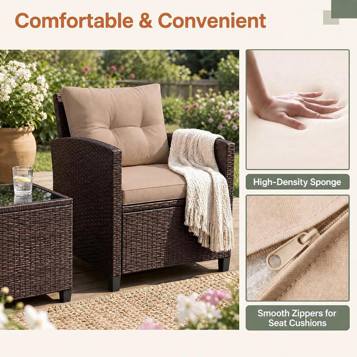3PCS Wicker Patio Furniture Set with Cushions for Balcony and Porch