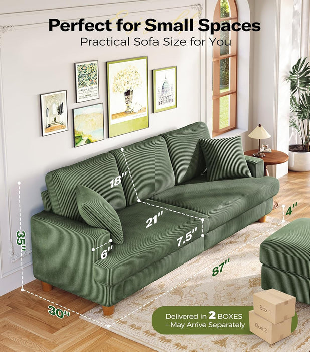Corduroy Sofa EightySevenInch DeepSeat Green LivingRoom Comfort