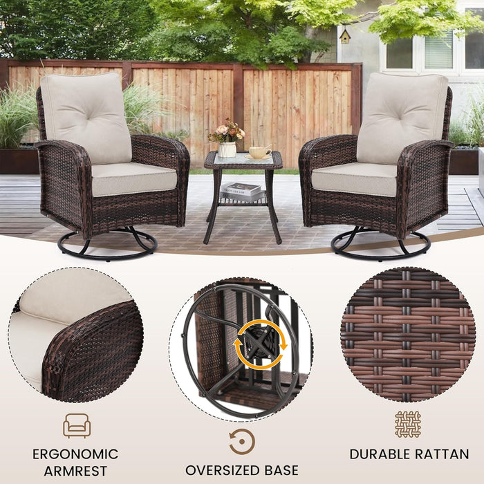 2 Luxury Outdoor Swivel Wicker Glider Patio Chairs with Table Set, Overstuffed Washable Cushions, Ideal for Porch, Balcony, Deck, Brown Rattan and Beige Cushions