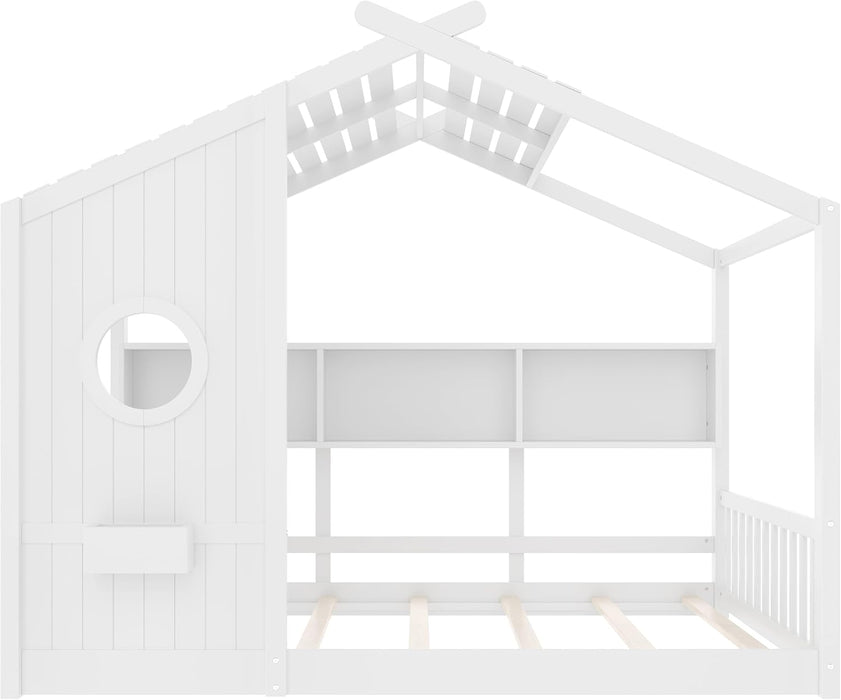Full Size White PlayhouseStorage Bed Enclosed Roof