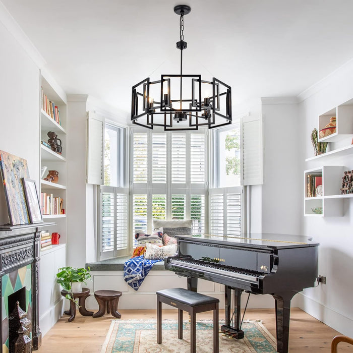 Industrial Style Chandelier, with Matt Black Finish Geometric Shade Pendant Lighting Fixture for Dining Room Living Room Kitchen Island Bedroom 5-Light