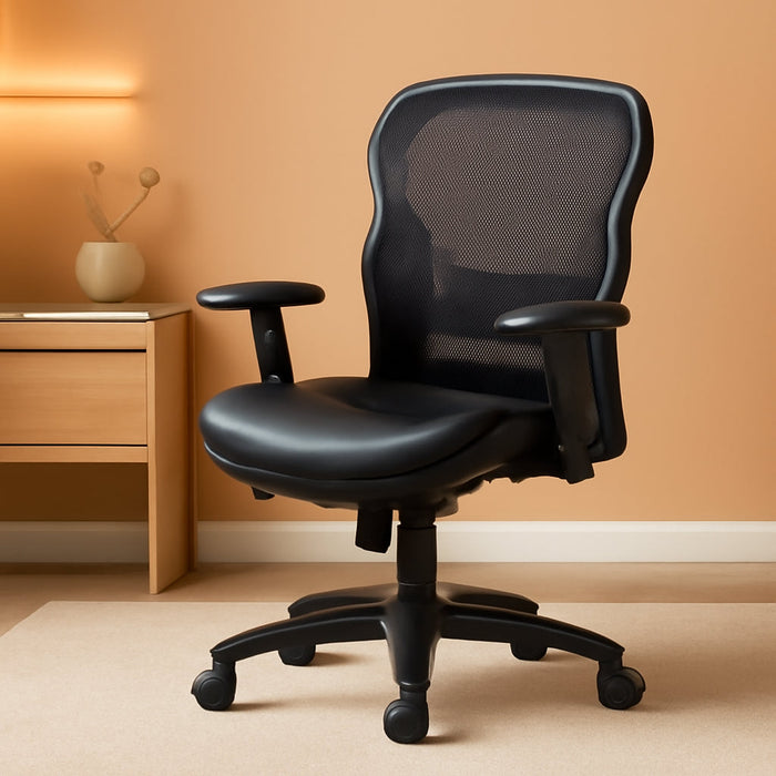 Wave High Back Office Chair Ergonomic Office Chair with Leather Seat, Breathable Back Mesh Desk Chair with Wheels and Arms, 360 Swivel, Synchro-Tilt Recline - Comfortable Home Office Desk Chair