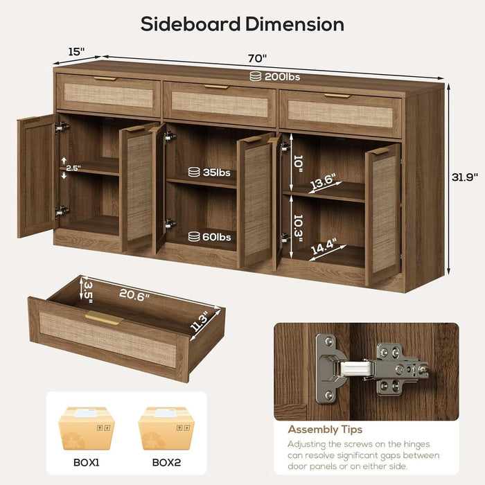 70" Rattan Sideboard Buffet Cabinet, Large Credenza Storage Cabinet