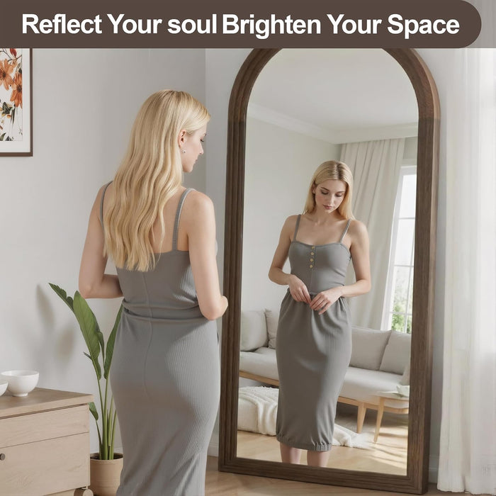 Arched Full Length Mirror with Stand, 75X35 Brown Wood Floor Mirror