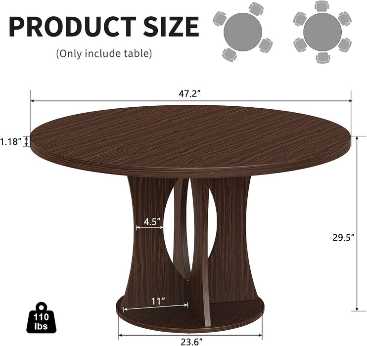 47 Inch round Dining Table for 4-6 People, Wooden Dining Room Table with Pedestal Base, Modern Kitchen Table for Apartments, Dining Room, Kitchen or Living Room, Dark Walnut, Table Only