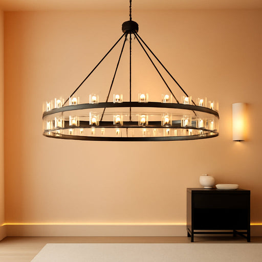 60 Inch Black Wagon Wheel Chandelier with Crystal Shade, 60 Lights, Large round Modern Farmhouse Style, Perfect for High Ceiling, Dining Room, Kitchen, Entryways, Foyer