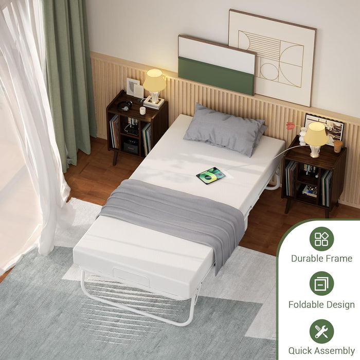 Folding Bed with Mattress for Adults, 75" X 31" Cot Size Portable Rollaway Guest Bed with Memory Foam Mattress and Metal Frame on Wheels, Space-Saving Foldable Design, White