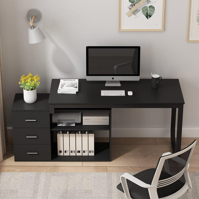 55Inch L Shaped Computer Desk Black StorageCabinet
