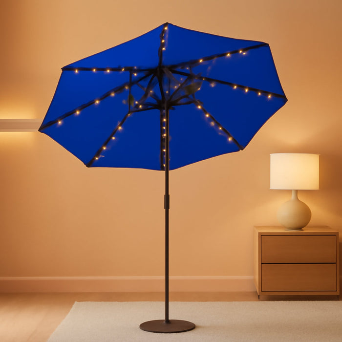 USA 10-Year-Non-Fading 9Ft Market Patio Umbrella, Commercial Grade Table Sun Umbrella with 80 Solar LED Lights, Crank Open, Windproof & UPF 50+ UV Protection for Garden, Deck, Pool, Backyard, Royal Blue