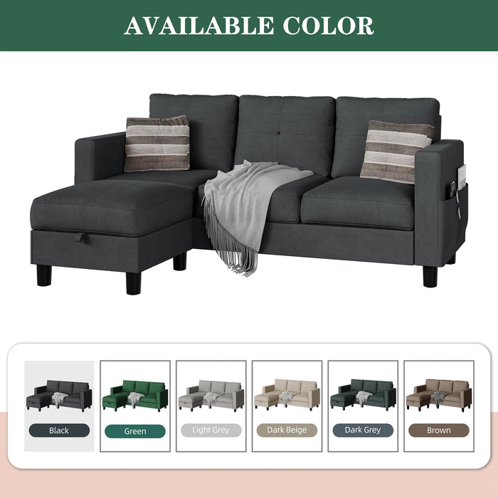 Convertible Sectional Sofa Couch L Shaped Couch Sofa for Living Room Small 3 Seater Sofa Couch with Storage Ottoman and Side Pockets(Grayish Black)