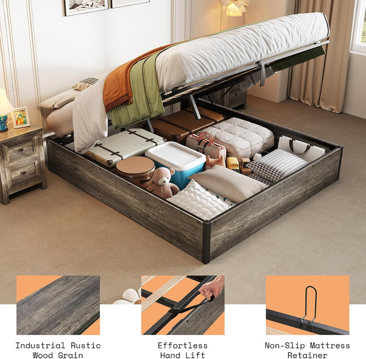 Lift up Storage Bed, Full Bed Frame with Storage Underneath, Wooden Platform Bed Frame, Solid Wood Slats Support, No Fixed Headboard, No Box Spring Needed, Rustic Grey
