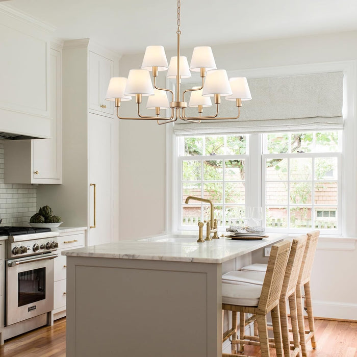 33" Gold Chandelier for Dining Room Light Fixture with White Fabric Shades, 9-Light Brass Modern Farmhouse 2 Tiered High Ceiling Lantern Chandelier Pendant Light for Foyer Entryway Living Room Kitchen