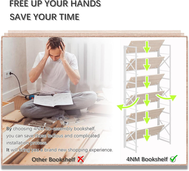 6 Tiers No Assembly Book Shelves, 61.8" H Folding Bookshelf Bookcase Open Industrial Foldable Shelves for Bedroom, Living Room, Home Office - Natural White