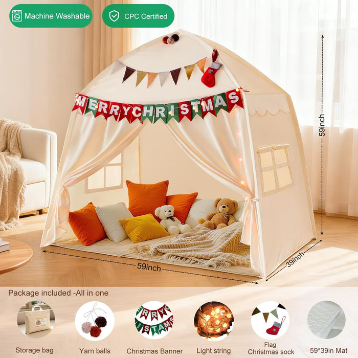 Large Kids Play Tent Indoor with Padded Mat Lights - 59X39X59In Teepee Playhouse with Flags Storage Bag - Cozy Reading Nook Nap Bed Tent - Birthday Gift for Toddlers Boys Girls
