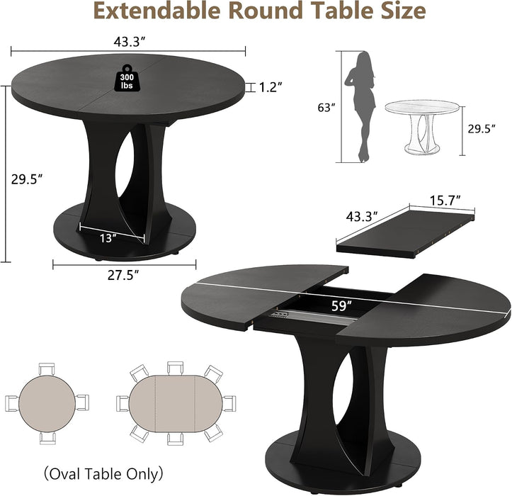 59" Extendable round Dining Table for 6-8, Kitchen Table with Sturdy Double Arc Base & Backboard Clasp Desktop, Mid-Century Modern Dinner Table, Kitchen Dining Room, Space Saving, Black