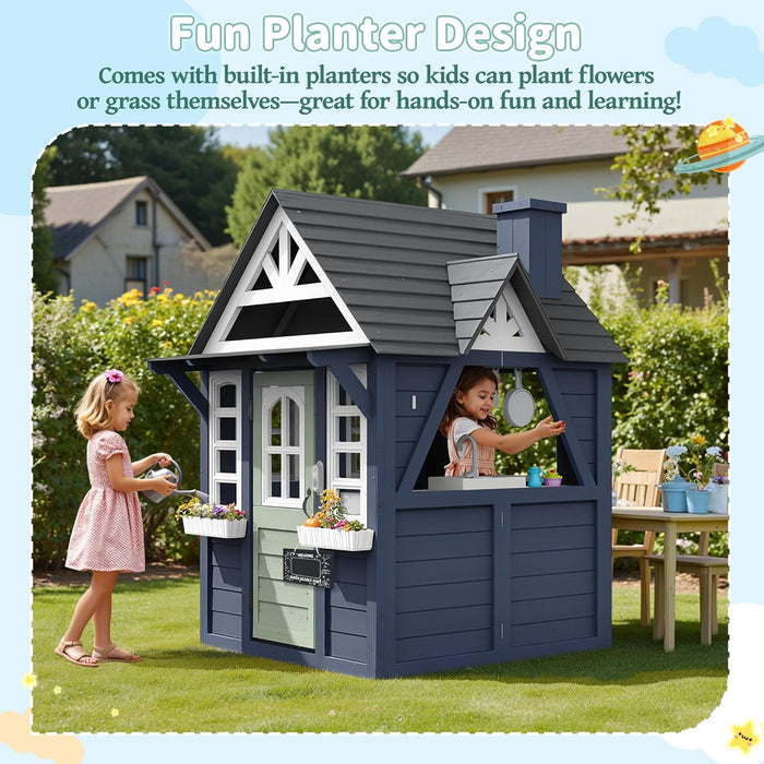 Outdoor Kids Playhouse, Modern Fir Wood Indoor/Outdoor Play House for Ages 3–8 with Play Kitchen, Sink, Stove, Cookware, Chalkboard, Flowerpot Holders & Working Doorbell (Blue)