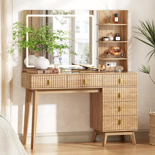 Large Makeup Vanity Desk with Mirror and Lights, Vanity Desk with 6 Drawers & Storage Shelves, Vanity Table with Power Outlet, 3 Color Modes & Adjustable Brightness Dressing Table, Bedroom,Wood