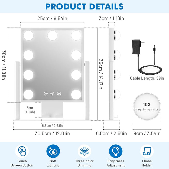 Lighted Makeup Mirror, Hollywood Vanity Mirror with Lights, Three Color Modes, with Detachable 10X Zoom Mirror, Smart Touch Control, Metal Frame, 360° Rotation（14.1In,White）