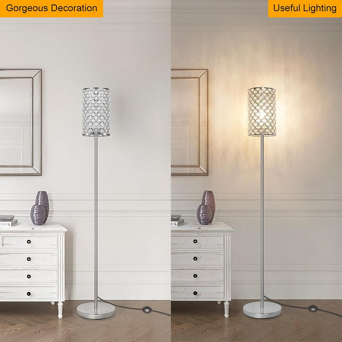 Crystal Floor Lamp, Modern Standing Lamp with Elegant Shade, LED Floor Lamp with On/Off Foot Switch Silver Finish Tall Pole Lamp Accent Lights for Living Room, Girl Bedroom, Dresser, Office (E26 Base)