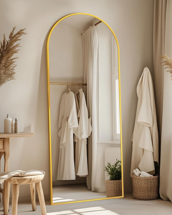 58"X18" Arched Full Length Mirror with Stand, Full Body Mirror with Aluminum Frame, Freestanding/Leaning/Wall-Mounted, Floor Mirrors for Bedroom, Living Room, Entryway, Dressing Room, Gold