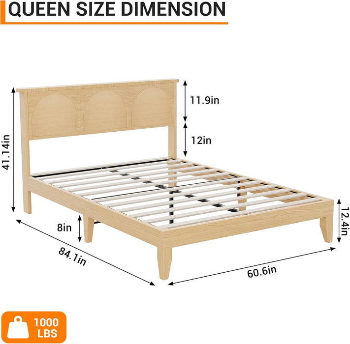 Rattan Bed Frame with Headboard, Wooden Platform Bed Frame Queen Size with Smart RGB LED Storage Headboard, Boho Wood Bed Frame No Box Spring Needed, under Bed Storage, Easy Assembly