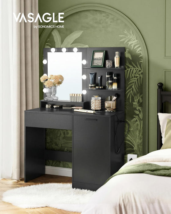 VASAGLE Kailyn Collection - Vanity Desk with Power Outlets and LED Lights, 35.4-Inch Wide Makeup Table with Mirror, Drawer and Cabinet, for Bedroom, Ink Black URDT128C01S