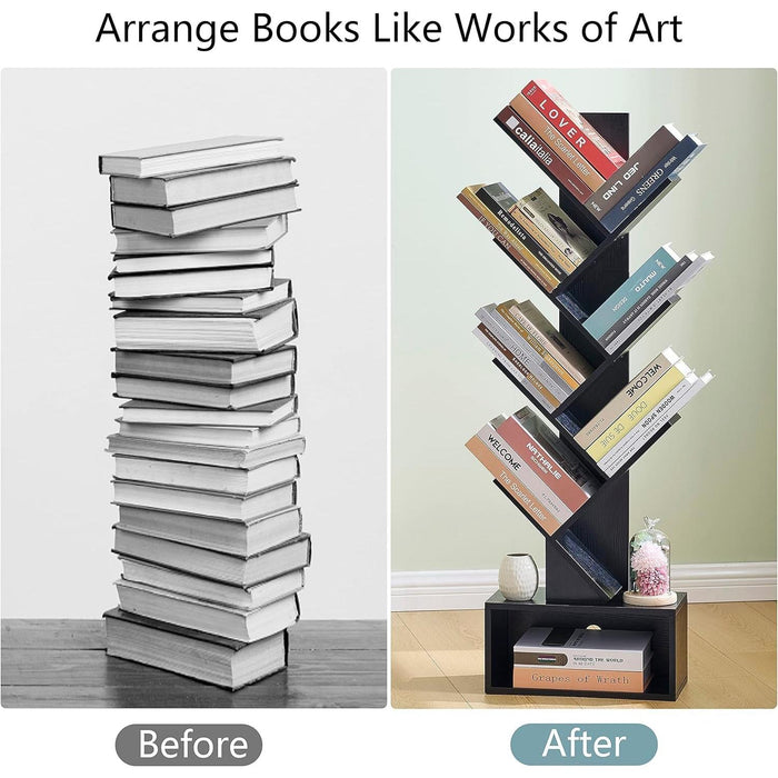 6 Tier Tree Bookshelf, Tall Bookcase with Drawer, Freestanding Book Shelf, Display Floor Standing Storage Shelf, Book Organizer Shelves for Home Office, Living Room, Bedroom, Black