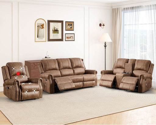 3-Piece Power Reclining Sofa Set with Rivets, Included Electric Massage Recliners, Loveseat Couch with Console and 3-Seater Recliner Sofa, Faux Leather Living Room Furniture Set, Brown
