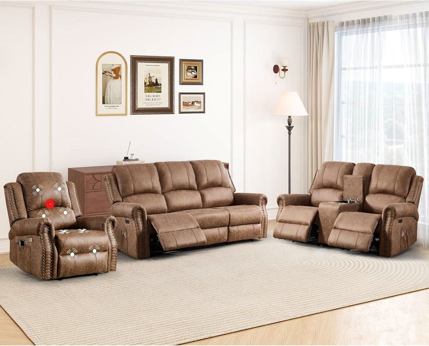 3-Piece Power Reclining Sofa Set with Rivets, Included Electric Massage Recliners, Loveseat Couch with Console and 3-Seater Recliner Sofa, Faux Leather Living Room Furniture Set, Brown