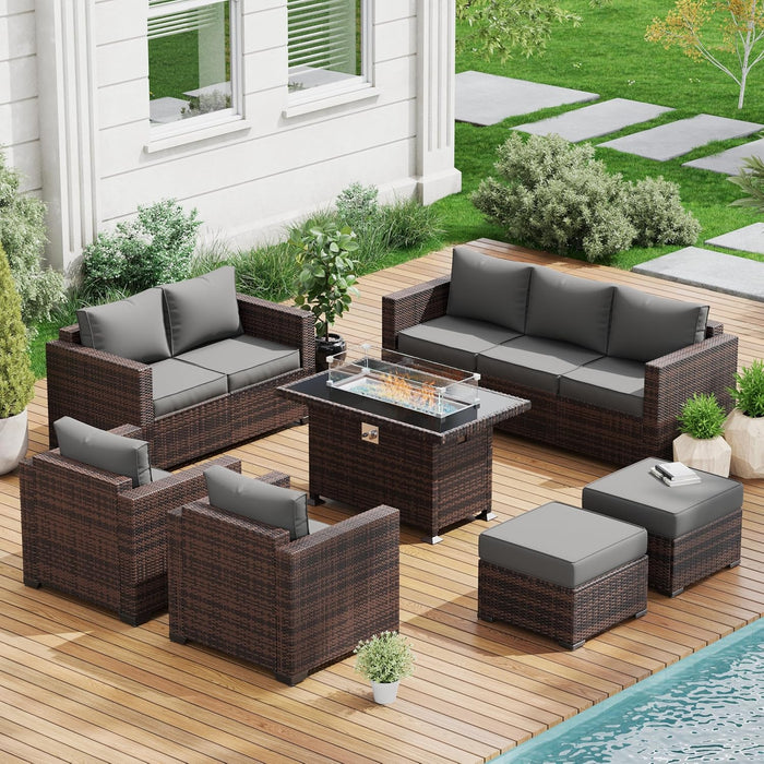 Outdoor Wicker Patio Furniture Set - 10 Pieces, Sectional Couch with Ottoman, Conversation Set with 44" Gas Fire Pit (Grey)