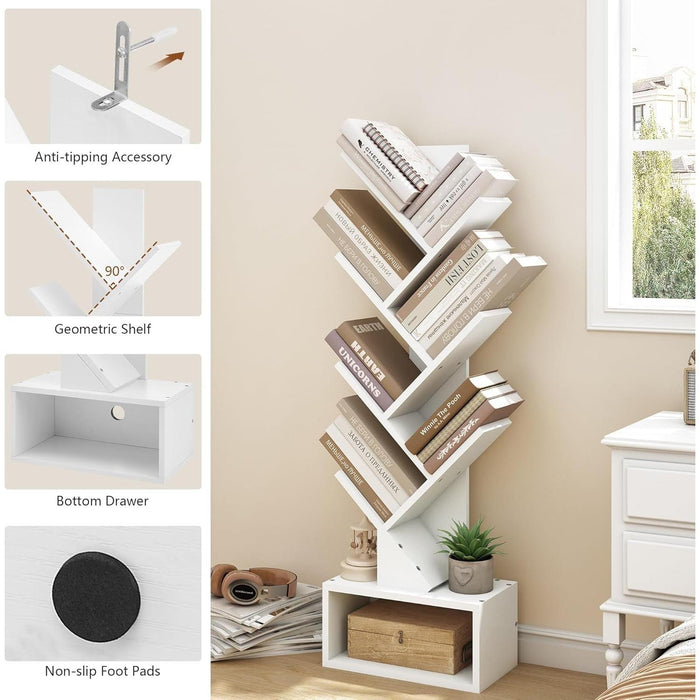 6 Tier Tree Bookshelf, Tall Bookcase with Drawer, Freestanding Book Shelf, Display Floor Standing Storage Shelf, Book Organizer Shelves for Home Office, Living Room, Bedroom, White