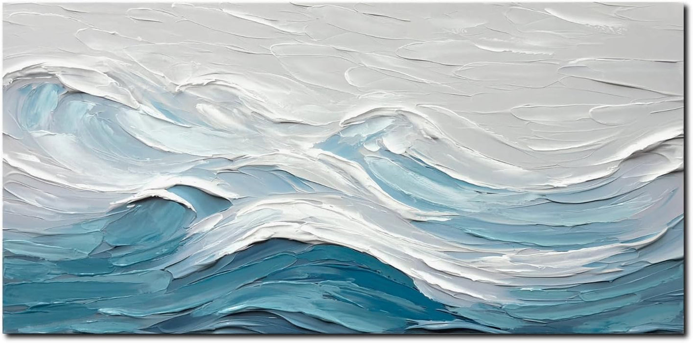 Abstract Wall Art for Living Room Blue and White Ocean Paintings Wall Decor Modern 3D Textured Canvas Wall Art Large Artwork for Living Room Bedroom Office 28"X57"