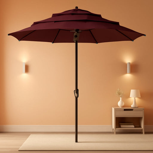 9FT 3-Tier Large Outdoor Patio Umbrella Market Table Umbrella-Uv Resistant,Easy Push Button Tilt and Crank,8 Sturdy Fiberglass Ribs Heavy-Duty Pool Umbrella for Deck,Backyard,Garden,Yard,Brown