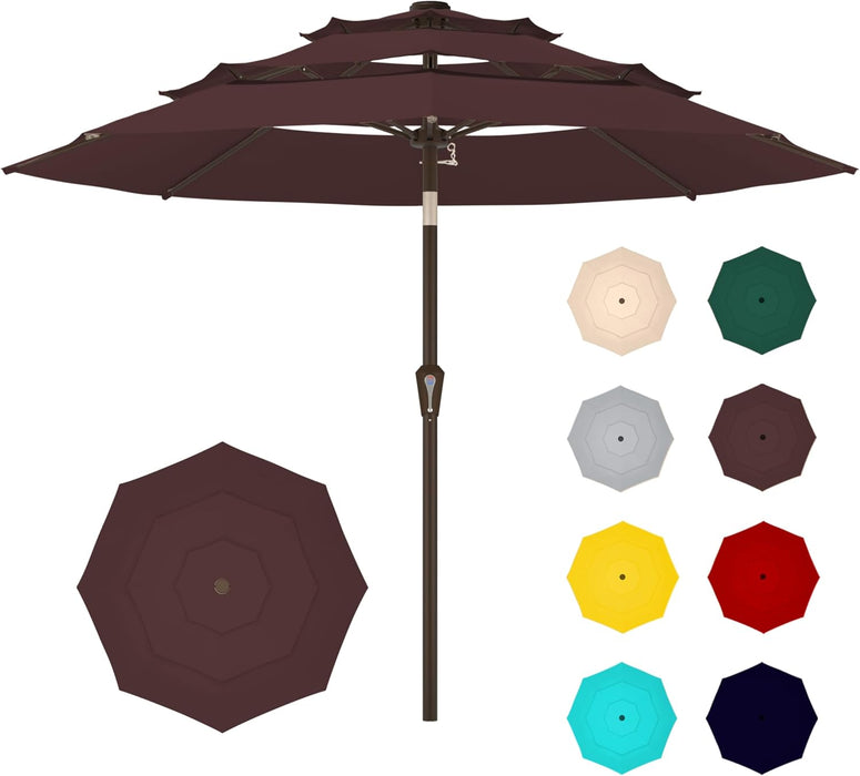 9FT 3-Tier Large Outdoor Patio Umbrella Market Table Umbrella-Uv Resistant,Easy Push Button Tilt and Crank,8 Sturdy Fiberglass Ribs Heavy-Duty Pool Umbrella for Deck,Backyard,Garden,Yard,Brown