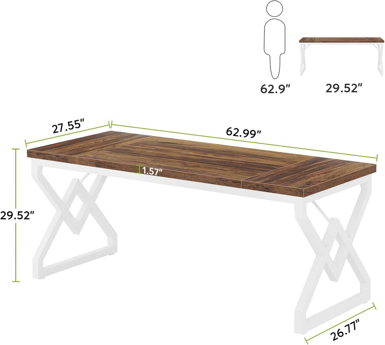 63 Inch Executive Desk, Large Office Desk with Metal Frame, Ergonomic Writing Desk Computer Workstation, Modern Wood Computer Desk for Home Office, Easy Assembly (Brown+White)