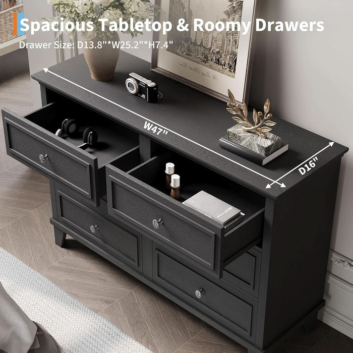 Farmhouse Black Dresser for Bedroom with 6 Drawer, Double Dresser TV Stand with Vintage Handle, Wide Wood Dressers & Chests of Drawers, 6 Drawer Dressers for Bedroom, Living Room, Hallway