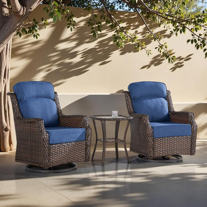 Patio Swivel Rocker Outdoor Chairs of 2 with Side Table, High Back and 6-Inch Thick Cushions, Wicker Swivel Glider Chairs for Porch, Deck, Poolside, Brown/Blue