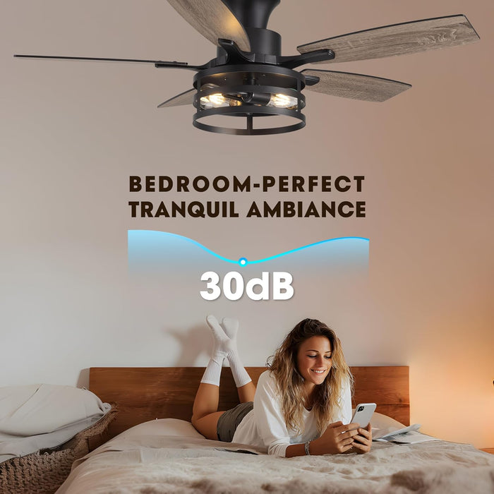 42 Inch Flush Mount Ceiling Fans with Lights and Remote Control, Farmhouse Ceiling Fan with LED Lighting for Bedroom Living Room and Patio, Black Caged Ceiling Fan for Indoor and Outdoor(No Bulbs)