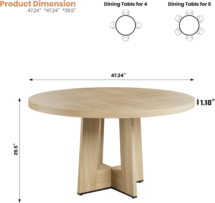 47" round Dining Table for 4-6 People - Circle Kitchen Dinner Table with Sturdy Pedestal Base, Space Saving Dinning Room Furniture for Living Room, Kitchen, Apartment, Natural
