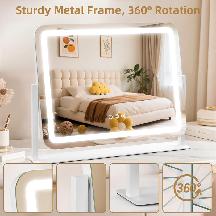 Vanity Mirror with Lights 22"X17", Lighted Makeup Mirror with 10X Magnification 4.5", 3 Color Dimmble Lights, Touch Control, 360° Rotation, Metal Frame, Women'S Gift, for Bedroom/Dressing Room, White
